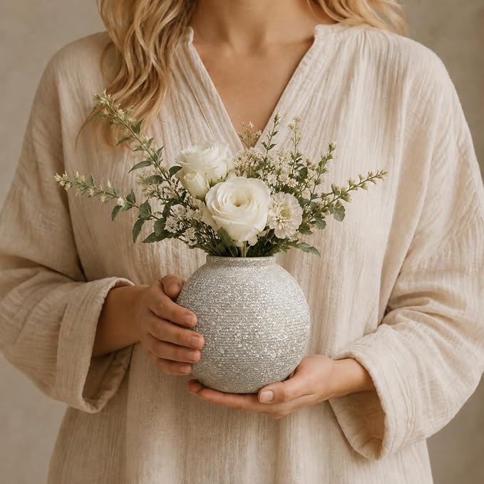 Ceramic Flower Vase, 5.5 Inch Round Textured Vase for Home Decor | Handmade ceramic vase with unique textured design, perfect for living room shelves, tables, centerpieces and farmhouse decor.