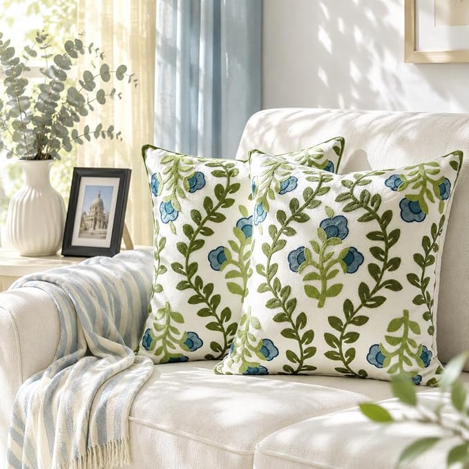 Alysheer Floral Embroidered Summer Decorative Throw Pillow Covers 20"x 20" Set of 2, Farmhouse Cottage Blue Flowers Green Leaves Knit Pattern Cotton Canvas Cushion Case for Couch Bed Living Room