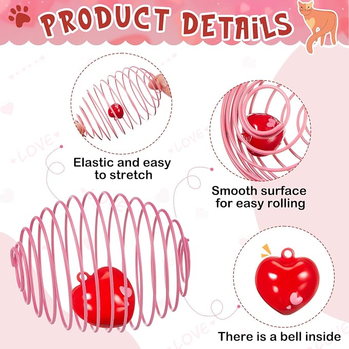Jecery 5 Pcs Cat Toys Spring,Heart Bel,Pink Red
