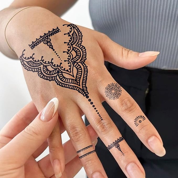 Semi-Permanent Tattoos, 2 Weeks Realistic Henna Polynesian Decorative Moon Flower Temporary Tattoos for Women Adults, Fingers Hand Arms Fake Tattoos, Waterproof and Non-Reflective, 2 Sheets