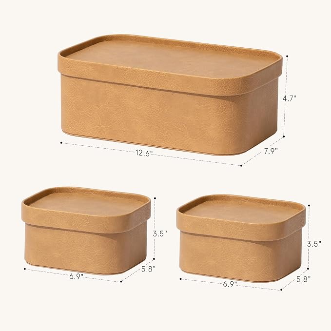 La Jolie Maison Faux Leather Decorative Storage Baskets, Camel 3 Pack | PU Leather Stroage Boxes with Lids, Organizer for Jewelry and Vanity, Shelves, Drawers, Bedroom & Closet Storage Memory Box