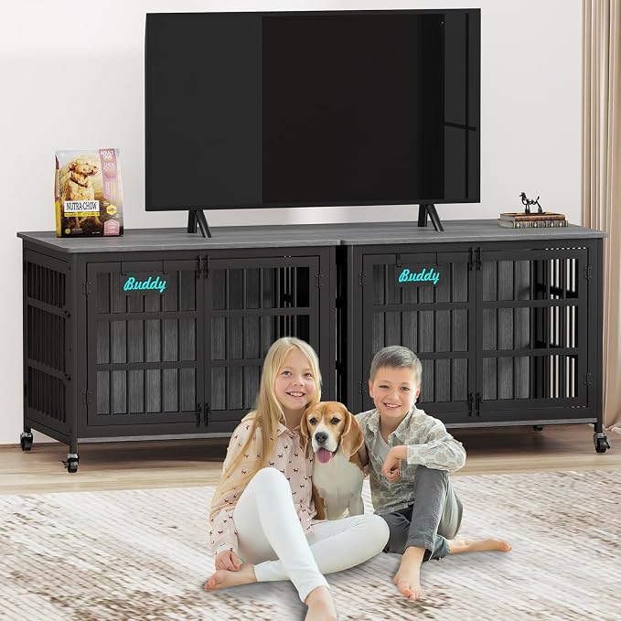 EasyCom 41"/33"/27" Dog Crate Furniture with Name Tag, Heavy Duty Dog Kennel Indoor for Medium Dogs, Double-Doors Sturdy Metal Dog Cage for Anxiety Dog, Decorate House as TV Stand, End Table