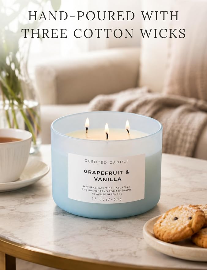 Grapefruit Vanilla 3-Wick Soy Candle | 15.8 oz Large Scented Candle for Home | Highly Scented Aromatherapy Candle for Women | Luxury Citrus Vanilla Candle Gift | Clean Burn Long Lasting