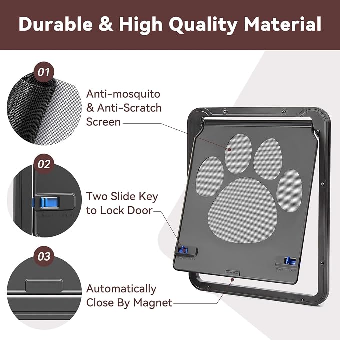 Small Dog Door for Screen Door, Cat Door 8"×10" Magnetic Flap Self-Closing, Pet Screen Door for Sliding Door, Puppy Doggy and Cat Door Built in Screen, Lockable, Black S