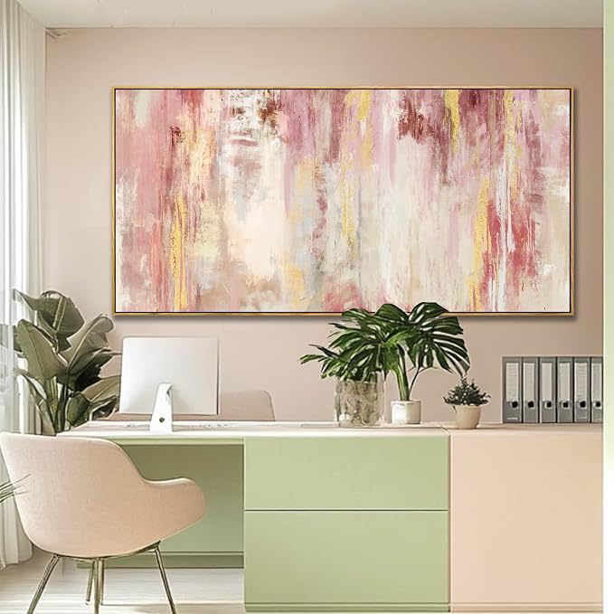 SOUGUAN Pink and Gold Pictures Canvas Wall Art for Bedroom Abstract Hand Paintings Home Decor for Bedroom Kitchen Office Wall Decorations Ready to Hang 30 x 60 Inch