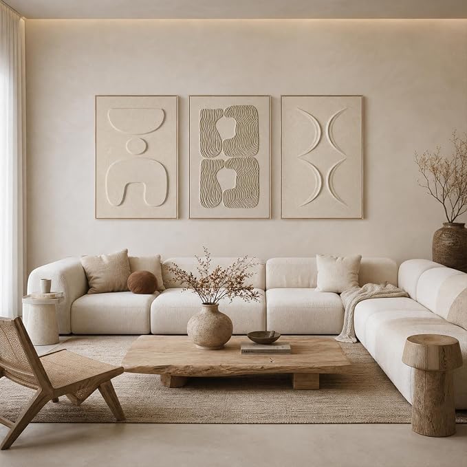 Thalasse Abstract Wall Art Large Framed 3D Sandstone 24x36 In | Wabi Sabi relief panels, solid wood frame, minimalist living room hallway entryway decor, 3 piece set