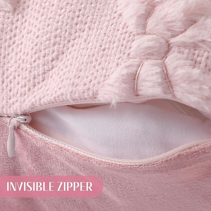Mixweer Pink Bow Pillow Covers Set of 2 Preppy Room Decor Coquette Cute Spring Summer Decorative Faux Fur Soft Bowknot Stuff Fluffy Plush Aesthetic Pillowcase for Bed Sofa Couch (16 x 16 Inch)