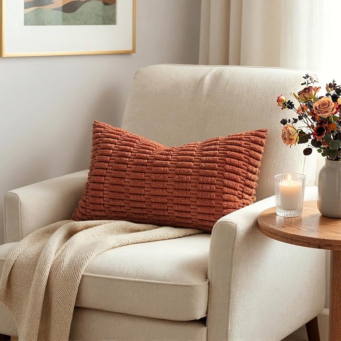 MIULEE Fall Lumbar Corduroy Decorative Throw Pillow Covers 12x20 Rust | Terracotta Pack of 2 Soft Boho Striped Pillow Covers Modern Farmhouse Autumn Home Decor For Sofa Living Room Couch Bed