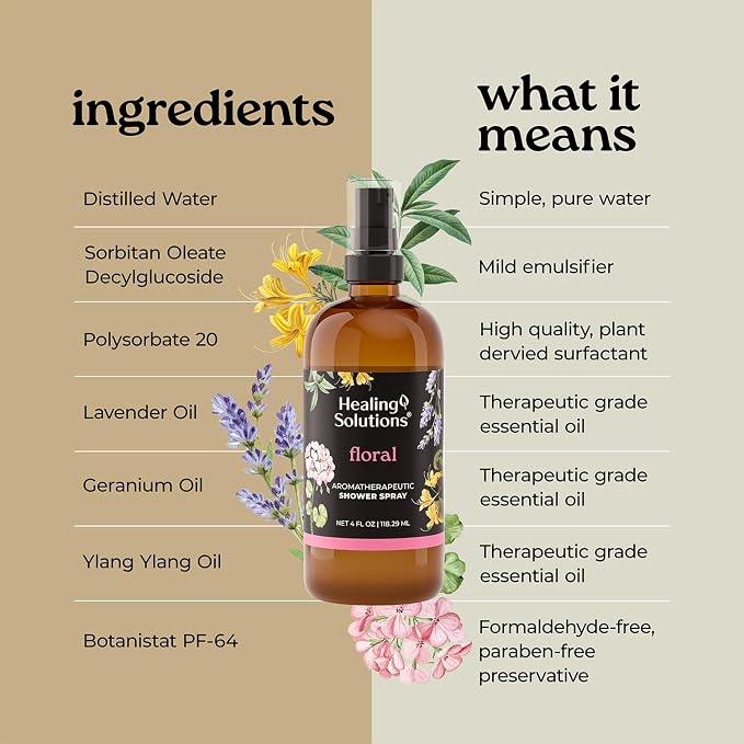 Healing Solutions Aromatherapy Shower Spray, Floral Blend, 4oz, Therapeutic Grade Essential Oils, Made in the USA, At Home Spa Experience (4oz, Floral)
