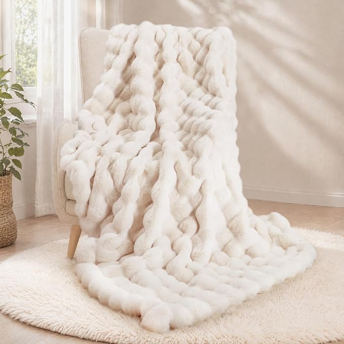 Super Comfort Oversized Warm Thick Bubble Luxury Plush Rabbit Faux Fur Throw Blanket, Fluffy Blanket,Soft Cozy Blanket for Couch Chair Bed Sofa Living Room (White, 60inX80in)