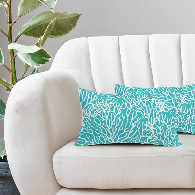 Nautical Coastal Coral Lumbar Pillow Covers 12x20 Inch Set of 2 Summer Ocean Beach Aqua Teal Decorative Pillow Cases Outdoor Linen Cushion Cover Farmhouse Decor for Bedroom Home Sofa Couch Bed
