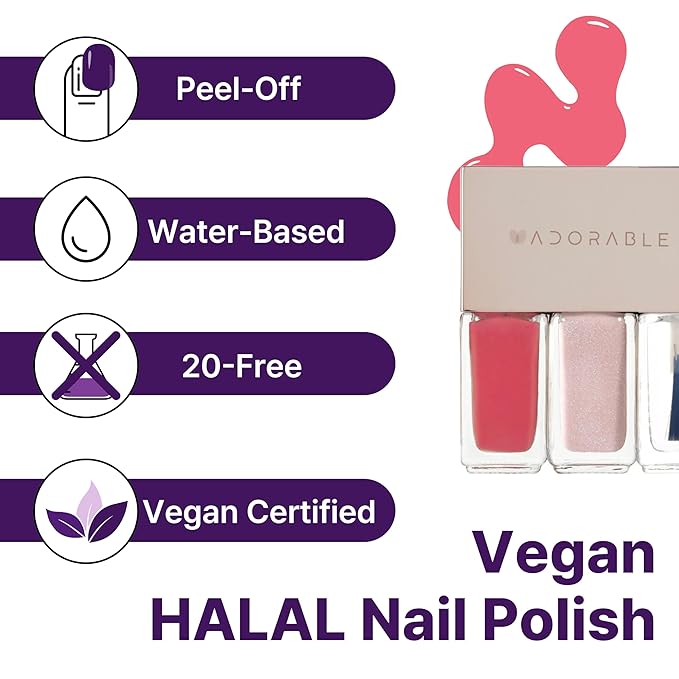 Breathable Halal Vegan Nail Polish – Water-Based 3pc Set (Peach Coral + Creamy Blush Beige + Clear Top Coat) | Non-Toxic, Eco-Friendly, 0.51 fl oz