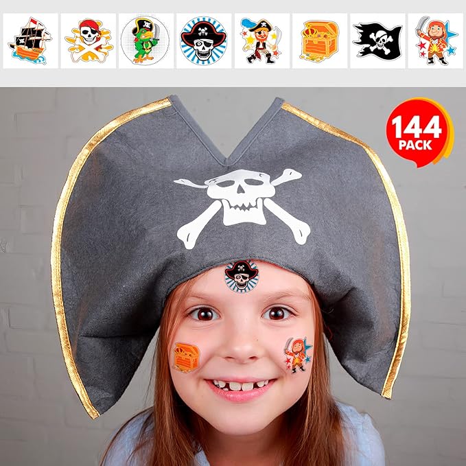 ArtCreativity Pirate Individual Temporary Tattoos for Kids - Pack of 144 Pre-Cut Pirate Tattoos in Assorted Designs, Non-Toxic 2 Inch - Pirates Birthday Party Favors and Goodie Bag Stuffers