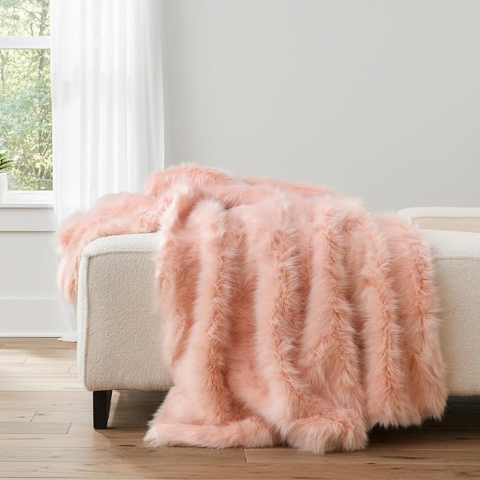 HORIMOTE HOME Pink Faux Fur Throw Blanket, Long Pile Light Pink Fur Blanket, Super Warm, Soft, Cozy, Fuzzy, Fluffy Throws for Couch Bed Sofa, Aesthetic Home Room Decor Throw, 60" x 80"