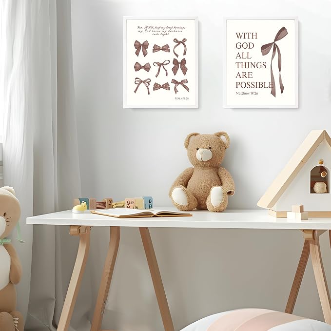 LARTSFRO Coquette Brown Bow Wall Art Decor Posters, Chocolate Brown Bow Room Bedroom Bathroom Dorm Wall Art Decor Aesthetic for College Teen Girls Gifts, Inspirational Bible Verses Bow Wall Decor, 10x8 Inch Set of 4 Pcs Bow Pictures (UNFRAMED)
