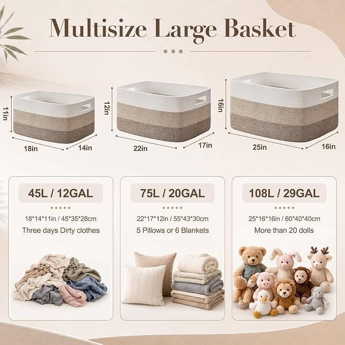 OIAHOMY Large Blanket Basket, 22”x17”x12” Rectangle Woven Baskets, Nursery Blanket Storage Living Room, Toy Storage With Handle, Large Baskets for Organizing-Gradient Blue