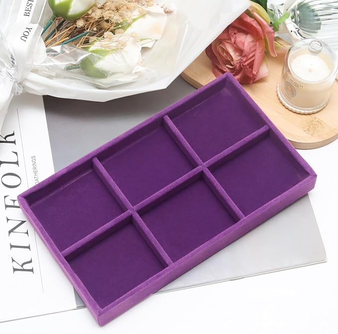 Velvet Jewelry Trays for Drawers, Purple Stackable, 6 Grids | Jewelry Drawer Organizer Inserts, Ring Earring Necklace Bracelet Holder Organizer Display Tray with Removable Dividers
