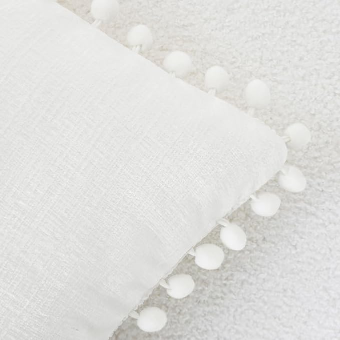 CaliTime Decorative Couch Throw Pillow Covers 16 X 16 Inches True White | Pack of 2, Cozy Chenille Cushion Cases, with Pom Poms for Sofa Bed Living Room Farmhouse Home