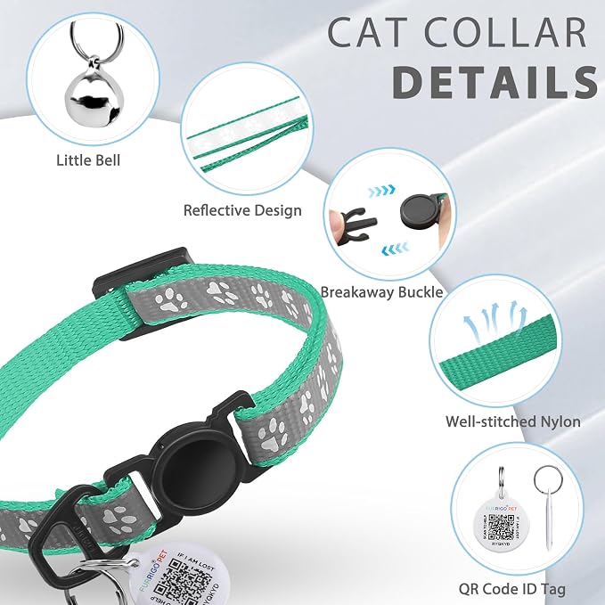 Breakaway Reflective Cat Collar with QR Name Tag & Bell (Mint Green)
