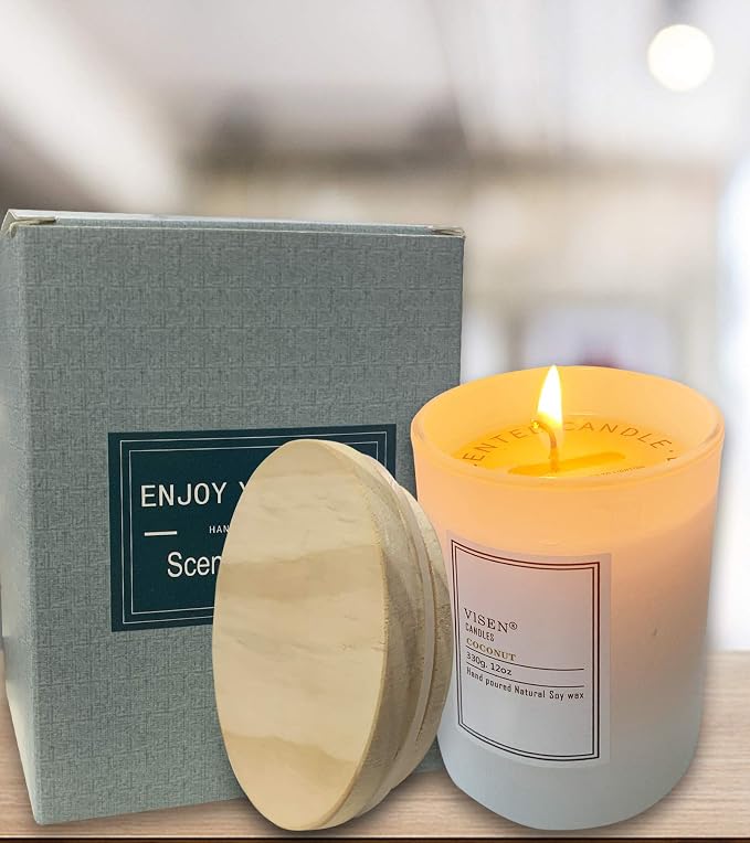Soy Scented Candles, Natural Organic Candles for Home Scented with Thick Frosted Glass and Bamboo Wood Lid, 12 Oz/50 Hour Long-Lasting, Highly Scented Candle for Fall Decor Great Gifts(Jasmine)
