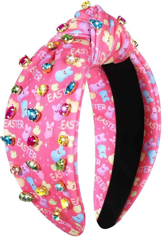 mokkia Easter Headbands Beaded Rabbit Bunny Headband for Women Pink Spring Knotted Headband Easter Hair Accessories Gifts