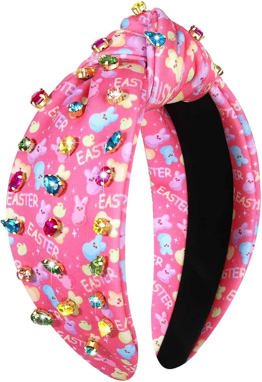 mokkia Easter Headbands Beaded Rabbit Bunny Headband for Women Pink Spring Knotted Headband Easter Hair Accessories Gifts