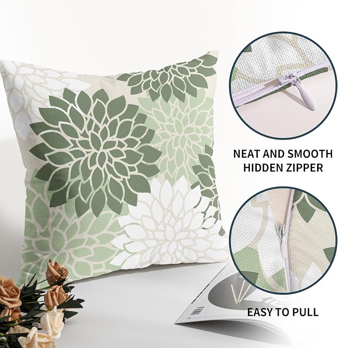Sage Green White Floral Pillow Covers 22X22 Inch Set of 2 Geometric Dahlia Flower Decorative Pillow Cases Modern Cotton Linen Cushion Case Farmhouse Home Decor for Sofa Couch Bedroom