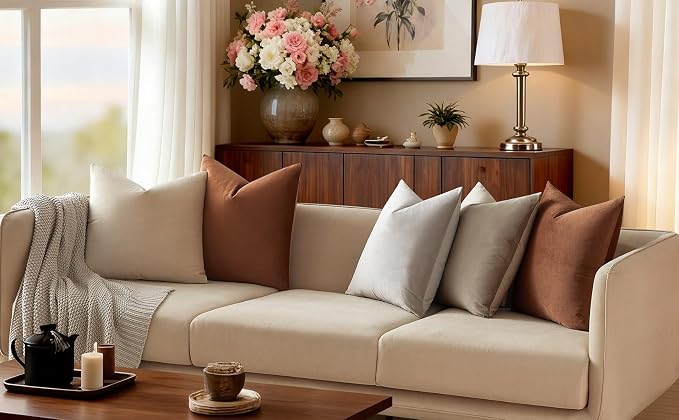 26x26 Decorative Velvet Euro Throw Pillow Covers Case Set of 2,Mocha Mousse | JUSPURBET Cozy Soft Couch Covers with Invisible Zipper for Modern Couch Sofa Bed Living Room Bedroom Home Decor