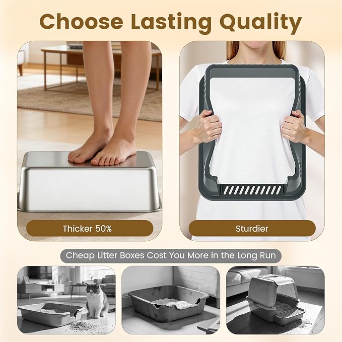 Stainless Steel Small Cat Litter Box, 11.8" High Sides, Low Entry | Litter Scatter & Urine Spray Control, Non-Stick Surface, Easy Scooping, Durable Build, Compact Footprint for Small Spaces