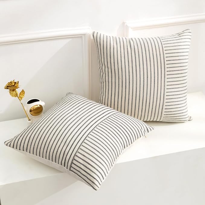 YCOLL Farmhouse Pillow Covers 22x22, Modern Accent Square Throw Pillow Covers Set of 2, Black and Beige Striped Patchwork Linen Decorative Pillows Cushion Covers for Couch Chair Bedroom Home Decor