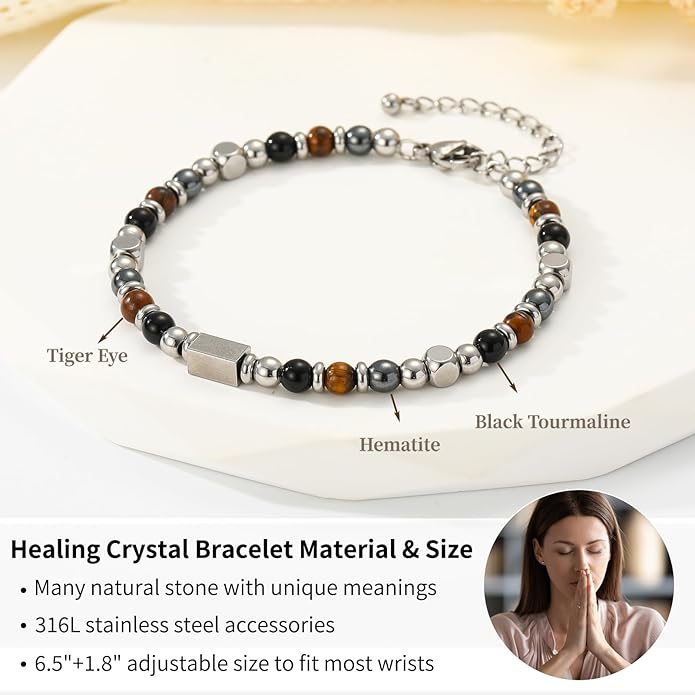Natural Healing Crystal Bracelet for Women, Triple Protection Anxiety Relief New Beginnings Good Luck Empath Protection Jewelry Gift for Friends Daughter Mom 6.5+1.8 Inches