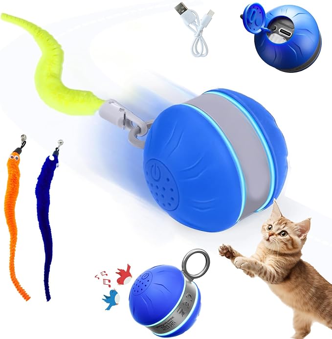 Speedy 2.0 Tail Interactive Cat Toys for Bored Indoor Adult Cats,Rechargeable Automatic Cat Toy Balls Self Moving Chirping,Electric Cat Ball Toy for Smart Kitten Enrichment Exercise Essentials(Blue)