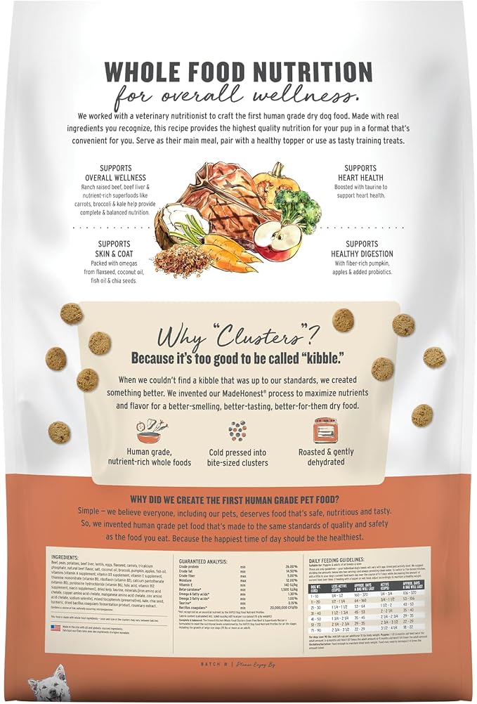 The Honest Kitchen Grain Free Beef & Superfoods Whole Food Clusters, Human Grade Dry Dog Food, Vet-Crafted Nutritional Support for Skin, Coat, Digestion & Overall Wellness, 20 lb Bag