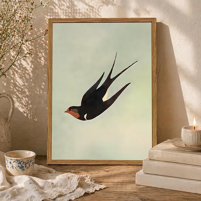 Framed Vintage Bird Wall Art, Sage Green Flying Swallow Pictures Wall Decor, Minimalist Japandi Nature Paintings Canvas Prints Modern Home Decor for Living Room Bedroom Bathroom Office 12x16 Inch