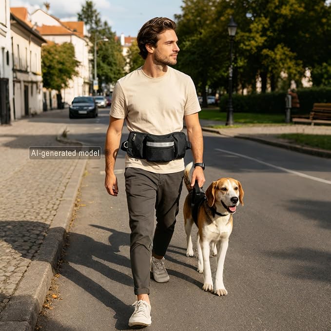 Dog Walking Fanny Pack, Dog Treat Pouch for Training, Large Capacity Pet Treat Bag with Poop Bag Dispenser and Water Bottle Holder, Adjustable Strap (Black)