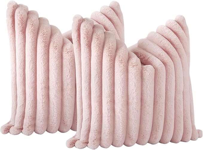 Soleebee Set of 2 Throw Pillow Covers Soft Cozy Velvet Pillowcase Faux Rabbit Fur Cover for Couch Sofa Bed Chair Home Decorative Pillows Cover (18x18 Inch, Blush Pink)