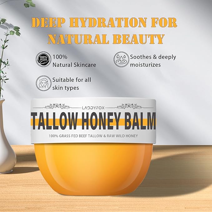 Whipped Tallow Balm with Grass-Fed Beef Tallow, Raw Honey for Face, Body, Hands, Organic Unscented Moisturizing Healing Skin Cream