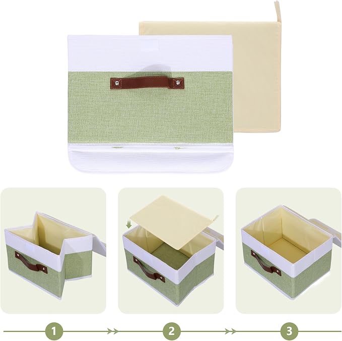 ANMINY Fabric Storage Box Bins with Lids, Green White, 13"x9"x7.9" | Keepsake Memory Storage, Cotton Linen, PP Board Reinforced, Washable, PU Handles, Foldable & Stackable, Decorative, Medium