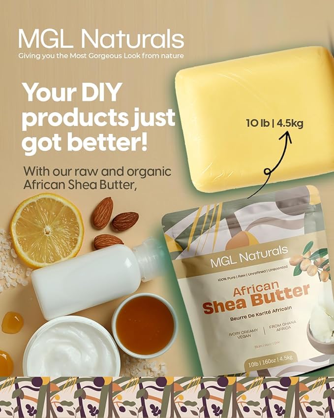 MGL Naturals Raw African Shea Butter Ivory, 100% Pure and Unrefined. Nourish and moisturize skin and hair. Use alone or DIY recipes. From Ghana, West Africa. (10 lb (Park of 1), 10 lb Shea Buttter)