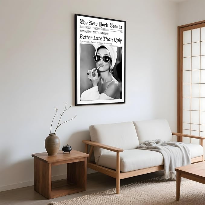 Framed Better Late Than Ugly Wall Decor Newspaper Audrey Hepburn Wall Art | Vintage Black and White Fashion Poster Chic New York Trends Glam Quote Canvas Print for Bedroom Bathroom Dorm 12x16inch