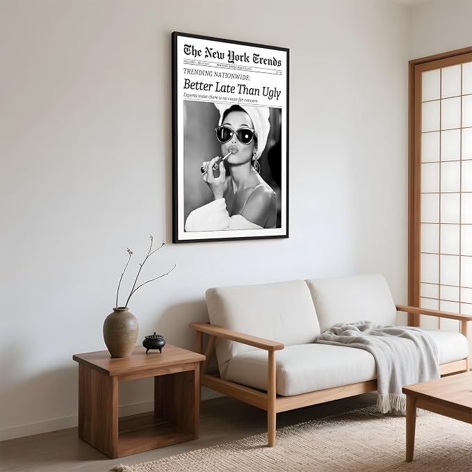Framed Better Late Than Ugly Wall Decor Newspaper Audrey Hepburn Wall Art | Vintage Black and White Fashion Poster Chic New York Trends Glam Quote Canvas Print for Bedroom Bathroom Dorm 24x36inch