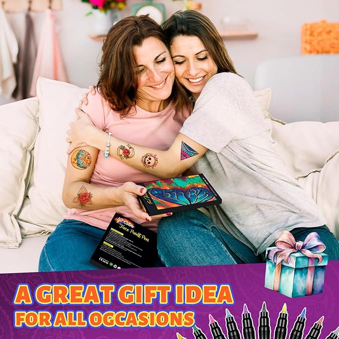 Temporary Tattoo Markers for Skin - Dual Tip 10 Colors Tattoo Pens for Skin Temporary, Washable Metallic Tattoo Markers with Stencils, Flexible Body Markers, Skin-Safe Face Paint Kit for Kids Adults