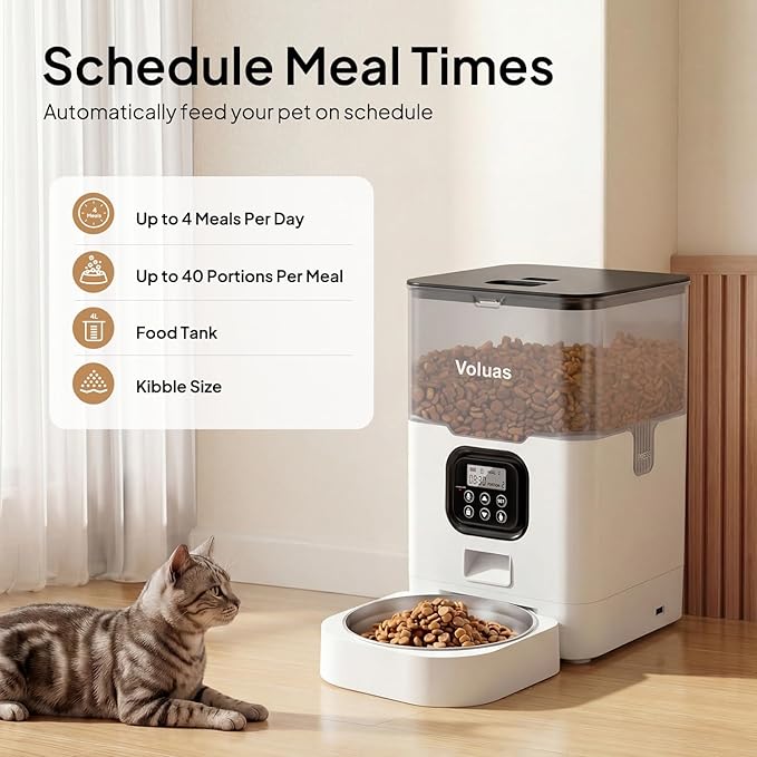 VOLUAS Automatic Cat Feeder, 4L Timed Dry Food Dispenser for Cats & Dogs | Programmable Portion Control, Up to 4 Meals Daily, Dual Power Supply, Power-Off Memory, 10-Second Voice Recorder