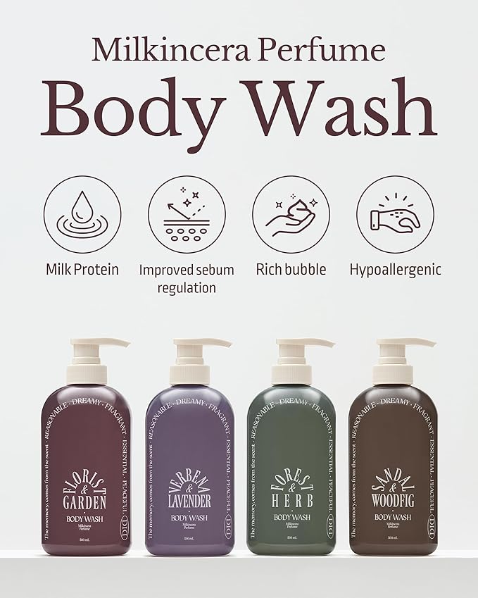 Milk in Cera Perfume Body Wash - Korean Moisturizing Body Cleanser for All Skin Types - Natural Green Herb Scent - with Milk Protein and Ceramide, 16.9 fl.oz.