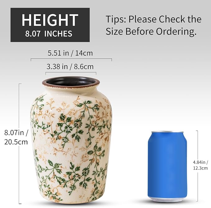 Ceramic Flower Vase for Home Decor, Green Vintage Decorative Vase 8 Inch | Rustic Farmhouse Floral Vase for Living Room, Bookshelf, Coffee Table, Kitchen, Mantel, Entryway, Wedding Centerpiece