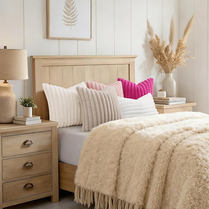decorUhome Fall Faux Fur Throw Pillow Covers 12x20 Set of 2 White | Decorative Soft Cozy Striped Plush Modern Farmhouse Boho Couch Pillow Cases Velvet Back for Sofa Bed Living Room Home Decor