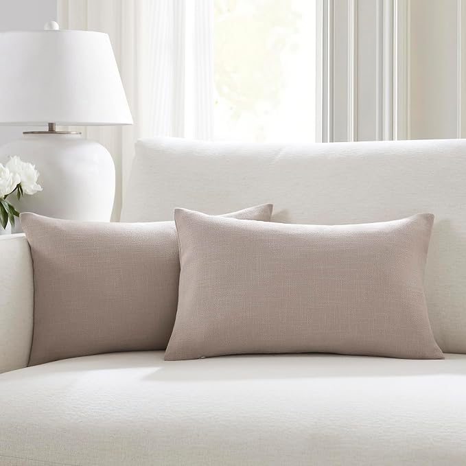 Meekio Set of 2 Smokey Taupe Throw Pillow Covers 12x20, Modern Farmhouse Linen Blend Decorative Pillow Covers for Couch Sofa Bed, Neutral Home Decor