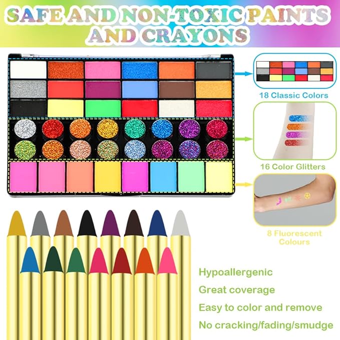 Face Painting Kit for Kids, 42 Colors Water Based Face Paint, 16 Crayons, 8 Reusable Stencils and 32 Sticky Stencils, 10 Brushes, 2 Gem Sheets, Professional Face Painting Kit for Parties Halloween