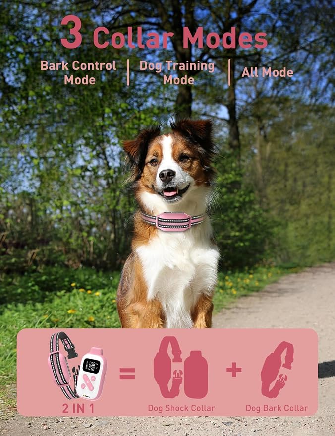 2-in-1 Bark and Shock Collar for Dogs, Automatic Bark Collar | Smart Anti Barking Dog Training Collar with 5 Adjustable Sensitivity, Vibration, Beep, Shock and Automatic (Pink)
