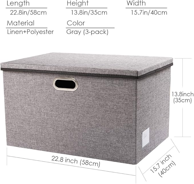 Extra Large Collapsible Storage Bins with Lids [3-Pack] Linen Fabric Foldable Storage Baskets Boxes Organizer Containers Cube with Cover for Bedroom Closet Office Nursery (22.8x15.75x13.8)
